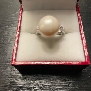 Lustrous Pearl and Cubic Zirconia Stainless Steel Size 8 Ring
